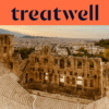 The Odeon of Herodes Atticus, an ancient stone amphitheatre at the foot of the Acropolis in Athens, with the modern city skyline stretching into the distance under a warm golden-hour sky. A coral-orange banner with the Treatwell logo sits above the image.