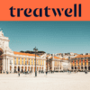A wide banner featuring the Treatwell logo in dark blue on an orange background at the top. Below the logo is a bright, sunny photograph of the grand Commerce Square (Praça do Comércio) in Lisbon, showing the white Rua Augusta Arch, yellow buildings with arched colonnades, and people walking across the vast pedestrian plaza under a clear blue sky.