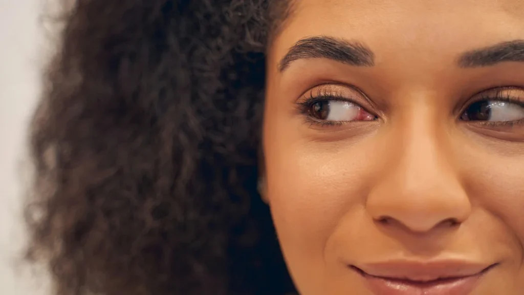Close-up of a smiling woman’s eyes with neat, well-defined brows