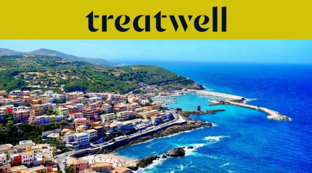 Aerial view of a Sardinian coastal town with pastel houses, a harbour and turquoise sea.