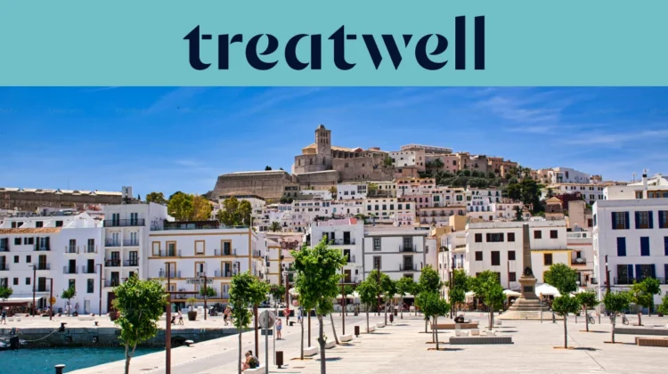 A sunny view over Ibiza Town, with whitewashed buildings climbing to the cathedral and old fortress walls of Dalt Vila on the hill. A tree-lined harbour promenade runs across the foreground beneath a clear blue sky.