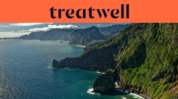 An aerial view of Madeira's rugged coastline, where steep green mountains and cliffs drop sharply into the deep blue Atlantic. White surf breaks around a rocky sea stack in the foreground, with headlands and a small clifftop settlement receding into the haze under a bright, lightly clouded sky.